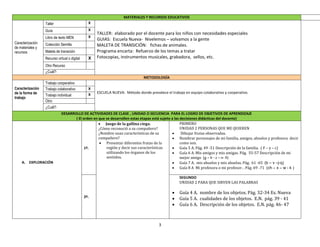 3
MATERIALES Y RECURSOS EDUCATIVOS
Caracterización
de materiales y
recursos
Taller X
TALLER: elaborado por el docente para los niños con necesidades especiales
GUIAS: Escuela Nueva- Nivelemos – volvamos a la gente
MALETA DE TRANSICIÓN: fichas de animales.
Programa encarta: Refuerzo de los temas a tratar
Fotocopias, instrumentos musicales, grabadora, sellos, etc.
Guía X
Libro de texto MEN X
Colección Semilla
Maleta de transición
Recurso virtual o digital X
Otro Recurso
¿Cuál?:
METODOLOGÍA
Caracterización
de la forma de
trabajo
Trabajo cooperativo
ESCUELA NUEVA: Método donde prevalece el trabajo en equipo colaborativo y cooperativo.
Trabajo colaborativo X
Trabajo individual X
Otro:
¿Cuál?:
DESARROLLO DE ACTIVIDADES DE CLASE , UNIDAD O SECUENCIA PARA EL LOGRO DE OBJETIVOS DE APRENDIZAJE
( El orden en que se desarrollen estas etapas está sujeto a las decisiones didácticas del docente)
A. EXPLORACIÓN
1º.
 Juego de la gallina ciega.
¿Cómo reconoció a su compañero?
¿Nombre unas características de su
compañero?
 Presentar diferentes frutas de la
región y decir sus características
utilizando los órganos de los
sentidos.
PRIMERO
UNIDAD 2 PERSONAS QUE ME QUIEREN
 Dibujar frutas observadas.
 Nombrar personajes de mi familia, amigos, abuelos y profesora decir
como son.
 Guía 5 A. Pág. 49 -51 Descripción de la familia. ( F – y – c)
 Guía 6 A. Mis amigos y mis amigas. Pág. 55-57 Descripción de mi
mejor amigo (g – h - z – n- ñ)
 Guía 7 A. mis abuelos y mis abuelas. Pág. 61 -65 (b – v –j-q)
 Guía 8 A Mi profesora o mi profesor. . Pág. 69 -71 (ch – x – w - k )
2º.
SEGUNDO
UNIDAD 2 PARA QUE SIRVEN LAS PALABRAS
 Guía 4 A. nombre de los objetos. Pág. 32-34 Es. Nueva
 Guía 5 A. cualidades de los objetos. E.N. pág. 39 - 41
 Guía 6 A. Descripción de los objetos. E.N. pág. 46- 47
 