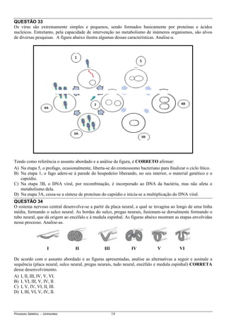 Processo Seletivo – Unimontes 14
QUESTÃO 33
Os vírus são extremamente simples e pequenos, sendo formados basicamente por proteínas e ácidos
nucleicos. Entretanto, pela capacidade de intervenção no metabolismo de inúmeros organismos, são alvos
de diversas pesquisas. A figura abaixo ilustra algumas dessas características. Analise-a.
Tendo como referência o assunto abordado e a análise da figura, é CORRETO afirmar:
A) Na etapa 5, o profago, ocasionalmente, liberta-se do cromossomo bacteriano para finalizar o ciclo lítico.
B) Na etapa 1, o fago adere-se à parede do hospedeiro liberando, no seu interior, o material genético e o
capsídio.
C) Na etapa 3B, o DNA viral, por recombinação, é incorporado ao DNA da bactéria, mas não afeta o
metabolismo dela.
D) Na etapa 3A, cessa-se a síntese de proteínas do capsídio e inicia-se a multiplicação do DNA viral.
QUESTÃO 34
O sistema nervoso central desenvolve-se a partir da placa neural, a qual se invagina ao longo de uma linha
média, formando o sulco neural. As bordas do sulco, pregas neurais, fusionam-se dorsalmente formando o
tubo neural, que dá origem ao encéfalo e à medula espinhal. As figuras abaixo mostram as etapas envolvidas
nesse processo. Analise-as.
De acordo com o assunto abordado e as figuras apresentadas, analise as alternativas a seguir e assinale a
sequência (placa neural, sulco neural, pregas neurais, tudo neural, encéfalo e medula espinhal) CORRETA
desse desenvolvimento.
A) I, II, III, IV, V, VI.
B) I, VI, III, V, IV, II.
C) I, V, IV, VI, II, III.
D) I, III, VI, V, IV, II.
I II III IV V VI
 