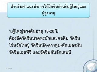 สาหรับคาแนะนาการให้วัคซีนสาหรับผู้ใหญ่และ
ผู้สูงอายุ
1.ผู้ใหญ่ช่วงต้นอายุ 18-26 ปี
ต้องฉีดวัคซีนบาดทะยักและคอตีบ วัคซีน
ไข้หวัดใหญ่ วัคซีนหัด-คางทูม-หัดเยอรมัน
วัคซีนเอชพีวี และวัคซีนตับอักเสบบี
21-Jul-14 17
 