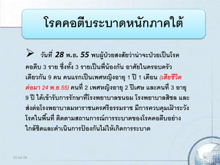โรคคอตีบระบาดหนักภาคใต้
 วันที่ 28 พ.ย. 55 พบผู้ป่วยสงสัยว่าน่าจะป่วยเป็นโรค
คอตีบ 3 ราย ซึ่งทั้ง 3 รายเป็นพี่น้องกัน อาศัยในครอบครัว
เดียวกัน 9 คน คนแรกเป็นเพศหญิงอายุ 1 ปี 1 เดือน (เสียชีวิต
ต่อมา 24 พ.ย.55) คนที่ 2 เพศหญิงอายุ 2 ปีเศษ และคนที่ 3 อายุ
9 ปี ได้เข้ารับการรักษาที่โรงพยาบาลขนอม โรงพยาบาลสิชล และ
ส่งต่อโรงพยาบาลมหาราชนครศรีธรรมราช มีการควบคุมเฝ้ าระวัง
โรคในพื้นที่ ติดตามสถานการณ์การระบาดของโรคคอตีบอย่าง
ใกล้ชิดและดาเนินการป้ องกันไม่ให้เกิดการระบาด
21-Jul-14 26
 