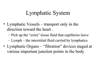 Lymphatic System
• Lymphatic Vessels – transport only in the
direction toward the heart .
– Pick up the “extra” tissue fluid that capillaries leave
– Lymph – the interstitial fluid carried by lymphatics
• Lymphatic Organs – “filtration” devices staged at
various important junction points in the body
 