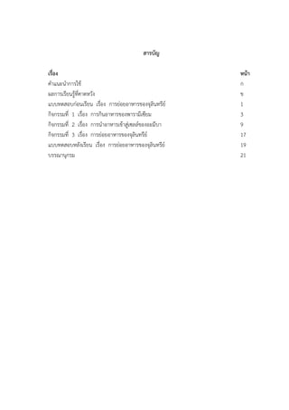 สารบัญ
เรื่อง หน้า
คาแนะนาการใช้ ก
ผลการเรียนรู้ที่คาดหวัง ข
แบบทดสอบก่อนเรียน เรื่อง การย่อยอาหารของจุลินทรีย์ 1
กิจกรรมที่ 1 เรื่อง การกินอาหารของพารามีเซียม 3
กิจกรรมที่ 2 เรื่อง การนาอาหารเข้าสู่เซลล์ของอะมีบา 9
กิจกรรมที่ 3 เรื่อง การย่อยอาหารของจุลินทรีย์ 17
แบบทดสอบหลังเรียน เรื่อง การย่อยอาหารของจุลินทรีย์ 19
บรรณานุกรม 21
 