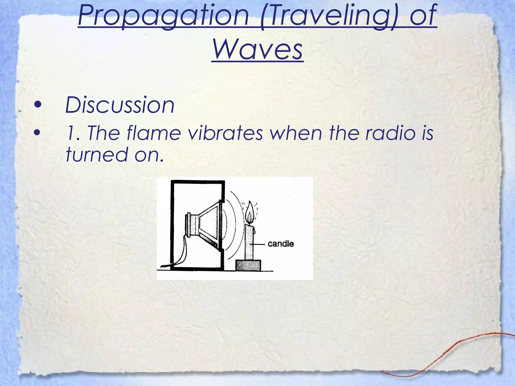 Propagation (Traveling) of
Waves
• Discussion
• 1. The flame vibrates when the radio is
turned on.
 