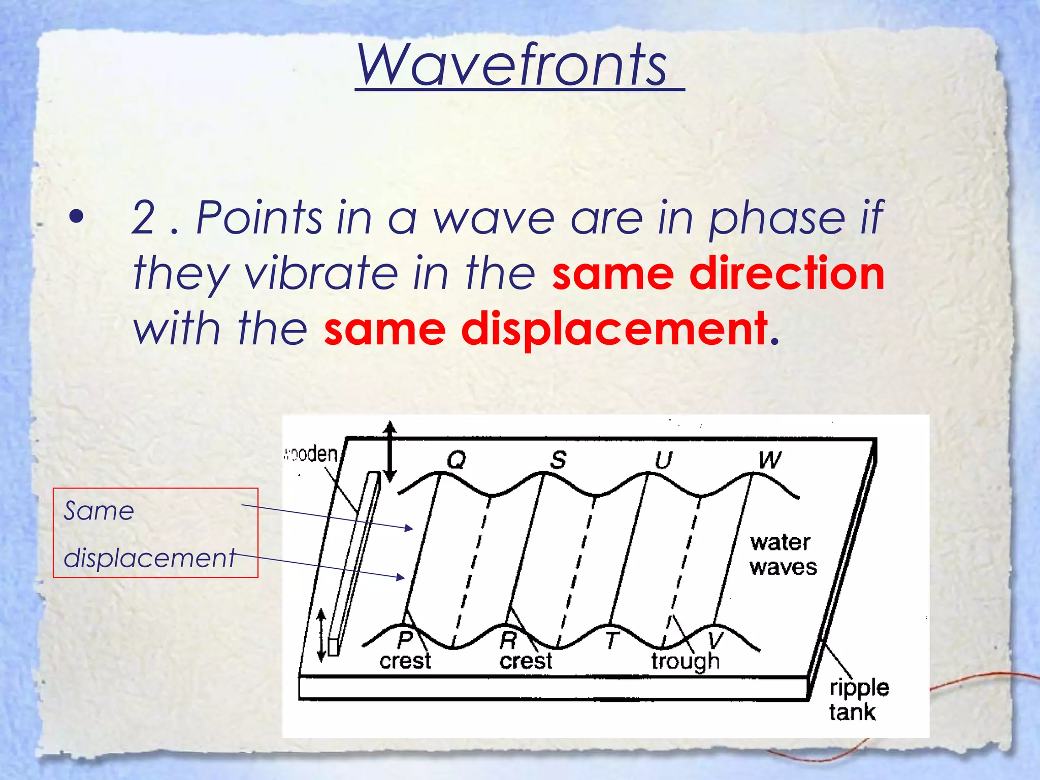 Wavefronts
• 2 . Points in a wave are in phase if
they vibrate in the same direction
with the same displacement.
Same
displacement
 