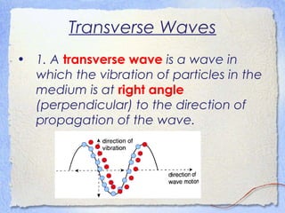Transverse Waves
• 1. A transverse wave is a wave in
which the vibration of particles in the
medium is at right angle
(perpendicular) to the direction of
propagation of the wave.
 