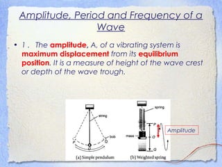 Amplitude, Period and Frequency of a
Wave
• 1 . The amplitude, A, of a vibrating system is
maximum displacement from its equilibrium
position. It is a measure of height of the wave crest
or depth of the wave trough.
Amplitude
 