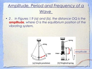 Amplitude, Period and Frequency of a
Wave
• 2 . In Figures 1.9 (a) and (b), the distance OQ is the
amplitude, where O is the equilibrium position of the
vibrating system.
Amplitude
 