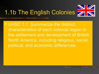 1.1b The English Colonies
 UHSC 1.1 Summarize the distinct
characteristics of each colonial region in
the settlement and development of British
North America, including religious, social,
political, and economic differences.
 