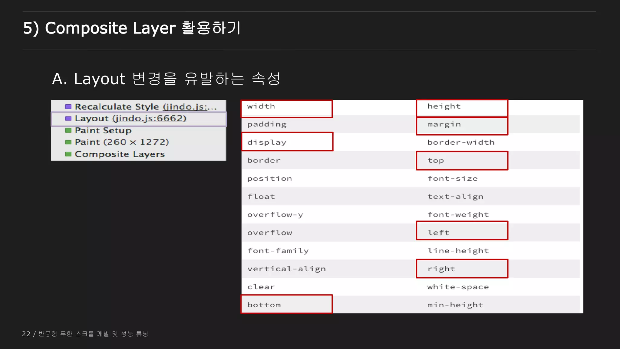 22 / 반응형 무한 스크롤 개발 및 성능 튜닝
A. Layout 변경을 유발하는 속성
5) Composite Layer 활용하기
 
