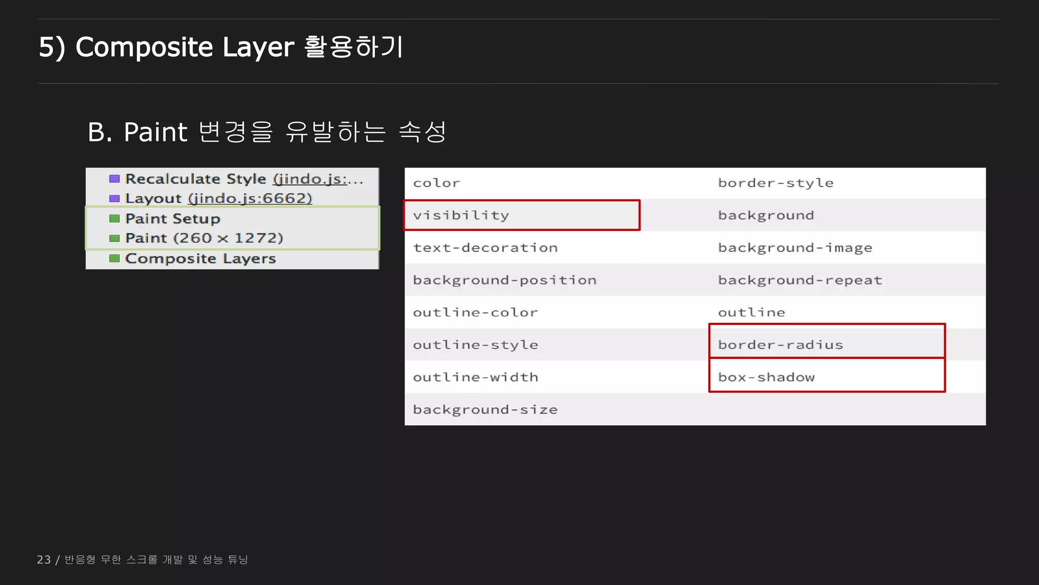 23 / 반응형 무한 스크롤 개발 및 성능 튜닝
B. Paint 변경을 유발하는 속성
5) Composite Layer 활용하기
 