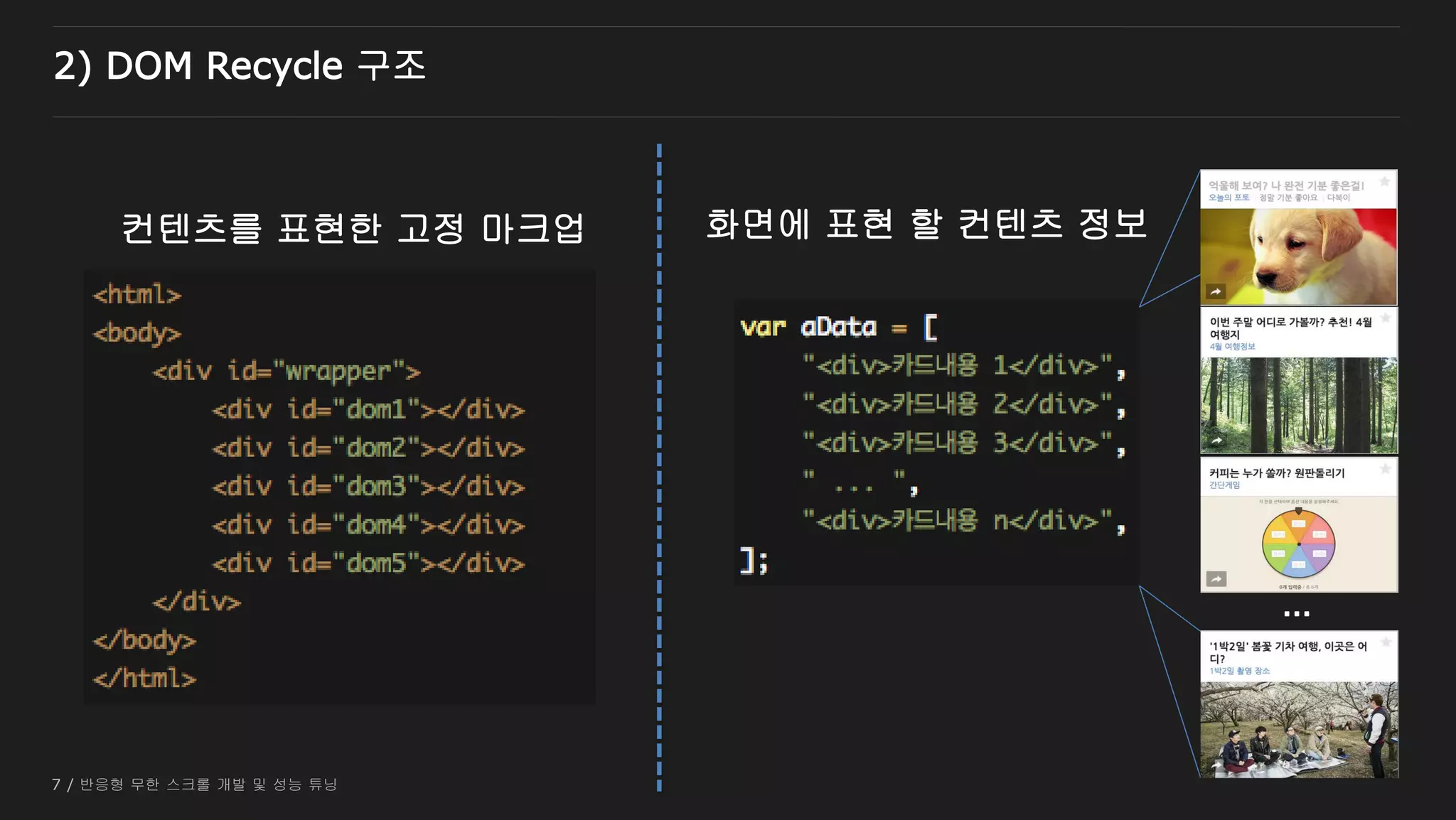 7 / 반응형 무한 스크롤 개발 및 성능 튜닝
화면에 표현 할 컨텐츠 정보컨텐츠를 표현한 고정 마크업
…
2) DOM Recycle 구조
 