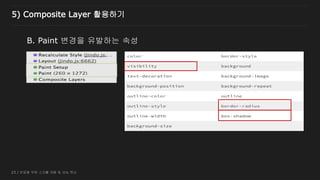 23 / 반응형 무한 스크롤 개발 및 성능 튜닝
B. Paint 변경을 유발하는 속성
5) Composite Layer 활용하기
 