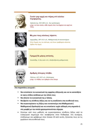 25
Ξυνόν γαρ αρχή και πέρας επί κύκλου
περιφερείας.
Ηράκλειτος, 544-484 π.Χ., Ίων φιλόσοφος
μτφρ: σε έναν κύκλο, κάθε σημείο είναι ταυτόχρονα και αρχή και
τέλος.
Μη μου τους κύκλους τάραττε.
Αρχιμήδης, 287-212 π.Χ., Μαθηματικός & πανεπιστήμων
(Στον Ρωμαίο που τον σκότωσε, ενώ έλυνε προβλήματα κάνοντας
σχέδια στην άμμο)
Γραμμή δε μήκος απλατές.
Ευκλείδης, 4-3ος αιών π.Χ., Αλεξανδρινός μαθηματικός
Αριθμός άπειρος πλήθει.
Πλάτων, 427-347 π.Χ., Φιλόσοφος
μτφρ: το πλήθος των αριθμών είναι άπειρο
Στα παραπάνω γνωμικά :
 Να εντοπίσετε τα ουσιαστικά της αρχαίας ελληνικής και να τα κατατάξετε
σε τρεις στήλες ανάλογα με την κλίση τους
 Να κλίνετε τα ουσιαστικά της γ΄κλίσης
 Να βρείτε τις σύνθετες λέξεις και να τις αναλύσετε στα συνθετικά τους
 Να συγκεντρώσετε τις λέξεις που συναντούμε στα Μαθηματικά (
Μαθηματική Ορολογία) και να εντοπίσετε τυχόν αλλαγές στη σημασία ή
στη μορφή με την οποία χρησιμοποιούνται σήμερα.
 Ζητούμε από τους μαθητές να συγκεντρώσουν σύνθετες λέξεις από το
εισαγωγικό σημείωμα που αναφέρεται στον Πυθαγόρα. Στη συνέχεια,
επιλέγουμε και γράφουμε στον πίνακα 10 από αυτές, ζητώντας τους να τις
χωρίσουν στα συνθετικά τους:
 