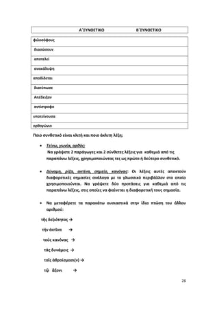 26
Α΄ΣΥΝΘΕΤΙΚΟ Β΄ΣΥΝΘΕΤΙΚΟ
φιλοσόφους
διασώσουν
αποτελεί
ανακάλυψη
αποδίδεται
διατύπωσε
Απέδειξαν
αντίστροφο
υποτείνουσα
ορθογώνιο
Ποιο συνθετικό είναι κλιτή και ποιο άκλιτη λέξη;
 Τείνω, γωνία, ορθός:
Να γράψετε 2 παράγωγες και 2 σύνθετες λέξεις για καθεμιά από τις
παραπάνω λέξεις, χρησιμοποιώντας τες ως πρώτο ή δεύτερο συνθετικό.
 Δύναμη, ρίζα, ακτίνα, σημείο, κανόνας: Οι λέξεις αυτές αποκτούν
διαφορετικές σημασίες ανάλογα με το γλωσσικό περιβάλλον στο οποίο
χρησιμοποιούνται. Να γράψετε δύο προτάσεις για καθεμιά από τις
παραπάνω λέξεις, στις οποίες να φαίνεται η διαφορετική τους σημασία.
 Να μεταφέρετε τα παρακάτω ουσιαστικά στην ίδια πτώση του άλλου
αριθμού:
τῆς δεξιότητος →
τήν ἀκτῖνα →
τούς κανόνας →
τάς δυνάμεις →
τοῖς ἀθροίσμασι(ν) →
τῷ ἄξονι →
 