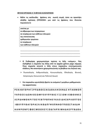 31
ΦΥΛΛΟ ΕΡΓΑΣΙΑΣ 4 Ή ΦΥΛΛΟ ΑΞΙΟΛΟΓΗΣΗΣ
 Βάλτε τις ακόλουθες φράσεις στη σωστή σειρά, ώστε να προκύψει
αληθής πρόταση (ΠΡΟΣΟΧΗ: μια από τις φράσεις που δίνονται
περισσεύει!):
ισούται με
το άθροισμα των τετραγώνων
τα τετράγωνα των κάθετων πλευρών
της υποτείνουσας
ορθογωνίου τριγώνου
το τετράγωνο
των κάθετων πλευρών
…………………………………………………………………………………………………………………
………………………………………………………………………………………………………………….
………………………………………………………………………………………………………………….
 Ο Πυθαγόρας χρησιμοποίησε πρώτος τη λέξη «κόσμος». Πώς
εξελίχθηκε η σημασία της λέξης από τα αρχαία χρόνια μέχρι σήμερα;
Ποια σημασία αποκτά η λέξη στους παρακάτω επιστημονικούς
κλάδους; Να απαντήσετε χρησιμοποιώντας τη βοήθεια του λεξικού σας.
 Γλωσσολογία, Ανθρωπολογία, Κοινωνιολογία, Εθνολογία, Φυσική,
Αστρονομία, Κοινωνική και Πολιτική Αγωγή
 Στο παρακάτω κρυπτόλεξο βρείτε τα ονόματα 5 μεγάλων μαθηματικών
της αρχαιότητας:
Ρ Σ Κ Λ Β Γ Ο Ρ Η Γ Ξ Ρ Π Δ Β Ω Ε Ζ Α Ε Δ Θ Α Λ Η Σ Κ Ν Δ Ζ Η Τ Α Β Μ Ο Π
Υ Χ Π Ο Σ Ε Ι Δ Ω Ν Ι Ο Σ Ω Μ Υ Ε Κ Υ Π Υ Β Χ Ζ Γ Ξ Ζ Ω Μ Ι Ε Φ Ο Χ Ν Ε Ζ
Λ Σ Ρ Δ Η Μ Ο Κ Ρ Ι Τ Ο Σ Υ Ε Β Τ Ρ Θ Π Η Ε Υ Κ Λ Ε Ι Δ Η Σ Χ Ρ Λ Ο Π Τ Ο Σ
Ι Φ Χ Υ Π Υ Θ Α Γ Ο Ρ Α Σ Λ Ι Κ Θ Δ Π Γ Ψ Χ Π Ν Η Ο Γ Π Ο Ω Σ Τ Α Κ Δ Ψ
Η Α Ψ Ρ Ο Ν Ρ Ξ Φ Θ Ξ Μ Ο Ο Χ Σ Υ Ξ Ο Δ Γ Α Ρ Χ Ι Μ Η Δ Η Σ Ρ Υ Β Δ Θ Α
 