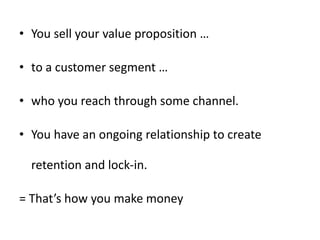 • To create the value proposition, you do certain
key activities …
• using your key resources …
• which costs you money.
•...