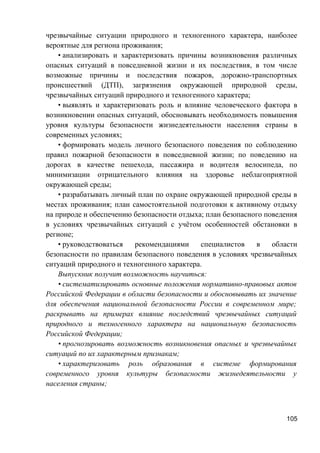 чрезвычайные ситуации природного и техногенного характера, наиболее
вероятные для региона проживания;
• анализировать и характеризовать причины возникновения различных
опасных ситуаций в повседневной жизни и их последствия, в том числе
возможные причины и последствия пожаров, дорожно-транспортных
происшествий (ДТП), загрязнения окружающей природной среды,
чрезвычайных ситуаций природного и техногенного характера;
• выявлять и характеризовать роль и влияние человеческого фактора в
возникновении опасных ситуаций, обосновывать необходимость повышения
уровня культуры безопасности жизнедеятельности населения страны в
современных условиях;
• формировать модель личного безопасного поведения по соблюдению
правил пожарной безопасности в повседневной жизни; по поведению на
дорогах в качестве пешехода, пассажира и водителя велосипеда, по
минимизации отрицательного влияния на здоровье неблагоприятной
окружающей среды;
• разрабатывать личный план по охране окружающей природной среды в
местах проживания; план самостоятельной подготовки к активному отдыху
на природе и обеспечению безопасности отдыха; план безопасного поведения
в условиях чрезвычайных ситуаций с учётом особенностей обстановки в
регионе;
• руководствоваться рекомендациями специалистов в области
безопасности по правилам безопасного поведения в условиях чрезвычайных
ситуаций природного и техногенного характера.
Выпускник получит возможность научиться:
• систематизировать основные положения нормативно-правовых актов
Российской Федерации в области безопасности и обосновывать их значение
для обеспечения национальной безопасности России в современном мире;
раскрывать на примерах влияние последствий чрезвычайных ситуаций
природного и техногенного характера на национальную безопасность
Российской Федерации;
• прогнозировать возможность возникновения опасных и чрезвычайных
ситуаций по их характерным признакам;
• характеризовать роль образования в системе формирования
современного уровня культуры безопасности жизнедеятельности у
населения страны;
105
 