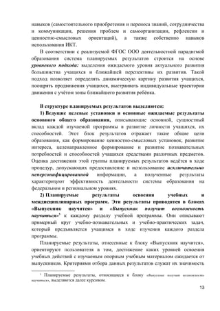 навыков (самостоятельного приобретения и переноса знаний, сотрудничества
и коммуникации, решения проблем и самоорганизации, рефлексии и
ценностно-смысловых ориентаций), а также собственно навыков
использования ИКТ.
В соответствии с реализуемой ФГОС ООО деятельностной парадигмой
образования система планируемых результатов строится на основе
уровневого подхода: выделения ожидаемого уровня актуального развития
большинства учащихся и ближайшей перспективы их развития. Такой
подход позволяет определять динамическую картину развития учащихся,
поощрять продвижения учащихся, выстраивать индивидуальные траектории
движения с учётом зоны ближайшего развития ребёнка.
В структуре планируемых результатов выделяются:
1) Ведущие целевые установки и основные ожидаемые результаты
основного общего образования, описывающие основной, сущностный
вклад каждой изучаемой программы в развитие личности учащихся, их
способностей. Этот блок результатов отражает такие общие цели
образования, как формирование ценностно-смысловых установок, развитие
интереса, целенаправленное формирование и развитие познавательных
потребностей и способностей учащихся средствами различных предметов.
Оценка достижения этой группы планируемых результатов ведётся в ходе
процедур, допускающих предоставление и использование исключительно
неперсонифицированной информации, а полученные результаты
характеризуют эффективность деятельности системы образования на
федеральном и региональном уровнях.
2) Планируемые результаты освоения учебных и
междисциплинарных программ. Эти результаты приводятся в блоках
«Выпускник научится» и «Выпускник получит возможность
научиться»5
к каждому разделу учебной программы. Они описывают
примерный круг учебно-познавательных и учебно-практических задач,
который предъявляется учащимся в ходе изучения каждого раздела
программы.
Планируемые результаты, отнесенные к блоку «Выпускник научится»,
ориентируют пользователя в том, достижение каких уровней освоения
учебных действий с изучаемым опорным учебным материалом ожидается от
выпускников. Критериями отбора данных результатов служат их значимость
5
Планируемые результаты, относящиеся к блоку «Выпускник получит возможность
научиться», выделяются далее курсивом.
13
 