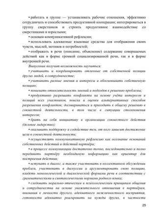 • работать в группе — устанавливать рабочие отношения, эффективно
сотрудничать и способствовать продуктивной кооперации; интегрироваться в
группу сверстников и строить продуктивное взаимодействие со
сверстниками и взрослыми;
• основам коммуникативной рефлексии;
• использовать адекватные языковые средства для отображения своих
чувств, мыслей, мотивов и потребностей;
• отображать в речи (описание, объяснение) содержание совершаемых
действий как в форме громкой социализированной речи, так и в форме
внутренней речи.
Выпускник получит возможность научиться:
• учитывать и координировать отличные от собственной позиции
других людей, в сотрудничестве;
• учитывать разные мнения и интересы и обосновывать собственную
позицию;
• понимать относительность мнений и подходов к решению проблемы;
• продуктивно разрешать конфликты на основе учёта интересов и
позиций всех участников, поиска и оценки альтернативных способов
разрешения конфликтов; договариваться и приходить к общему решению в
совместной деятельности, в том числе в ситуации столкновения
интересов;
• брать на себя инициативу в организации совместного действия
(деловое лидерство);
• оказывать поддержку и содействие тем, от кого зависит достижение
цели в совместной деятельности;
• осуществлять коммуникативную рефлексию как осознание оснований
собственных действий и действий партнёра;
• в процессе коммуникации достаточно точно, последовательно и полно
передавать партнёру необходимую информацию как ориентир для
построения действия;
• вступать в диалог, а также участвовать в коллективном обсуждении
проблем, участвовать в дискуссии и аргументировать свою позицию,
владеть монологической и диалогической формами речи в соответствии с
грамматическими и синтаксическими нормами родного языка;
• следовать морально-этическим и психологическим принципам общения
и сотрудничества на основе уважительного отношения к партнёрам,
внимания к личности другого, адекватного межличностного восприятия,
готовности адекватно реагировать на нужды других, в частности
25
 