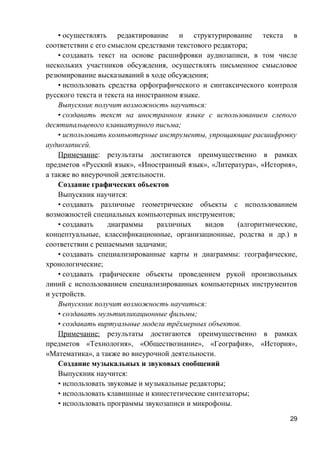 • осуществлять редактирование и структурирование текста в
соответствии с его смыслом средствами текстового редактора;
• создавать текст на основе расшифровки аудиозаписи, в том числе
нескольких участников обсуждения, осуществлять письменное смысловое
резюмирование высказываний в ходе обсуждения;
• использовать средства орфографического и синтаксического контроля
русского текста и текста на иностранном языке.
Выпускник получит возможность научиться:
• создавать текст на иностранном языке с использованием слепого
десятипальцевого клавиатурного письма;
• использовать компьютерные инструменты, упрощающие расшифровку
аудиозаписей.
Примечание: результаты достигаются преимущественно в рамках
предметов «Русский язык», «Иностранный язык», «Литература», «История»,
а также во внеурочной деятельности.
Создание графических объектов
Выпускник научится:
• создавать различные геометрические объекты с использованием
возможностей специальных компьютерных инструментов;
• создавать диаграммы различных видов (алгоритмические,
концептуальные, классификационные, организационные, родства и др.) в
соответствии с решаемыми задачами;
• создавать специализированные карты и диаграммы: географические,
хронологические;
• создавать графические объекты проведением рукой произвольных
линий с использованием специализированных компьютерных инструментов
и устройств.
Выпускник получит возможность научиться:
• создавать мультипликационные фильмы;
• создавать виртуальные модели трёхмерных объектов.
Примечание: результаты достигаются преимущественно в рамках
предметов «Технология», «Обществознание», «География», «История»,
«Математика», а также во внеурочной деятельности.
Создание музыкальных и звуковых сообщений
Выпускник научится:
• использовать звуковые и музыкальные редакторы;
• использовать клавишные и кинестетические синтезаторы;
• использовать программы звукозаписи и микрофоны.
29
 