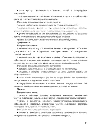 • давать краткую характеристику реальных людей и литературных
персонажей;
• передавать основное содержание прочитанного текста с опорой или без
опоры на текст/ключевые слова/план/вопросы.
Выпускник получит возможность научиться:
• делать сообщение на заданную тему на основе прочитанного;
• комментировать факты из прочитанного/прослушанного текста,
аргументировать своё отношение к прочитанному/прослушанному;
• кратко высказываться без предварительной подготовки на заданную
тему в соответствии с предложенной ситуацией общения;
кратко излагать результаты выполненной проектной работы.
Аудирование
Выпускник научится:
• воспринимать на слух и понимать основное содержание несложных
аутентичных текстов, содержащих некоторое количество неизученных
языковых явлений;
• воспринимать на слух и понимать значимую/нужную/запрашиваемую
информацию в аутентичных текстах, содержащих как изученные языковые
явления, так и некоторое количество неизученных языковых явлений.
Выпускник получит возможность научиться:
• выделять основную мысль в воспринимаемом на слух тексте;
• отделять в тексте, воспринимаемом на слух, главные факты от
второстепенных;
• использовать контекстуальную или языковую догадку при восприятии
на слух текстов, содержащих незнакомые слова;
• игнорировать незнакомые языковые явления, несущественные для
понимания основного содержания воспринимаемого на слух текста.
Чтение
Выпускник научится:
• читать и понимать основное содержание несложных аутентичных
текстов, содержащих некоторое количество неизученных языковых явлений;
• читать и выборочно понимать значимую/нужную/запрашиваемую
информацию в несложных аутентичных текстах, содержащих некоторое
количество неизученных языковых явлений.
Выпускник получит возможность научиться:
• читать и полностью понимать несложные аутентичные тексты,
построенные в основном на изученном языковом материале;
51
 