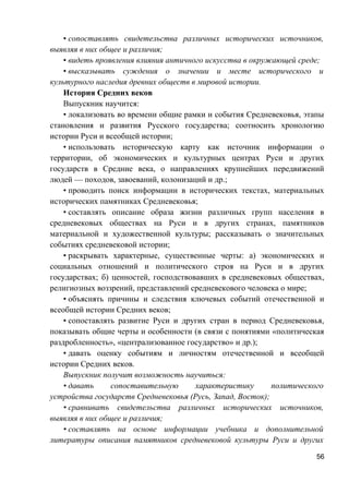 • сопоставлять свидетельства различных исторических источников,
выявляя в них общее и различия;
• видеть проявления влияния античного искусства в окружающей среде;
• высказывать суждения о значении и месте исторического и
культурного наследия древних обществ в мировой истории.
История Средних веков
Выпускник научится:
• локализовать во времени общие рамки и события Средневековья, этапы
становления и развития Русского государства; соотносить хронологию
истории Руси и всеобщей истории;
• использовать историческую карту как источник информации о
территории, об экономических и культурных центрах Руси и других
государств в Средние века, о направлениях крупнейших передвижений
людей — походов, завоеваний, колонизаций и др.;
• проводить поиск информации в исторических текстах, материальных
исторических памятниках Средневековья;
• составлять описание образа жизни различных групп населения в
средневековых обществах на Руси и в других странах, памятников
материальной и художественной культуры; рассказывать о значительных
событиях средневековой истории;
• раскрывать характерные, существенные черты: а) экономических и
социальных отношений и политического строя на Руси и в других
государствах; б) ценностей, господствовавших в средневековых обществах,
религиозных воззрений, представлений средневекового человека о мире;
• объяснять причины и следствия ключевых событий отечественной и
всеобщей истории Средних веков;
• сопоставлять развитие Руси и других стран в период Средневековья,
показывать общие черты и особенности (в связи с понятиями «политическая
раздробленность», «централизованное государство» и др.);
• давать оценку событиям и личностям отечественной и всеобщей
истории Средних веков.
Выпускник получит возможность научиться:
• давать сопоставительную характеристику политического
устройства государств Средневековья (Русь, Запад, Восток);
• сравнивать свидетельства различных исторических источников,
выявляя в них общее и различия;
• составлять на основе информации учебника и дополнительной
литературы описания памятников средневековой культуры Руси и других
56
 