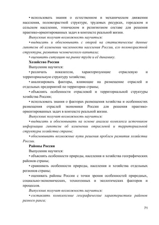 • использовать знания о естественном и механическом движении
населения, половозрастной структуре, трудовых ресурсах, городском и
сельском населении, этническом и религиозном составе для решения
практико-ориентированных задач в контексте реальной жизни.
Выпускник получит возможность научиться:
• выдвигать и обосновывать с опорой на статистические данные
гипотезы об изменении численности населения России, его половозрастной
структуры, развитии человеческого капитала;
• оценивать ситуацию на рынке труда и её динамику.
Хозяйство России
Выпускник научится:
• различать показатели, характеризующие отраслевую и
территориальную структуру хозяйства;
• анализировать факторы, влияющие на размещение отраслей и
отдельных предприятий по территории страны;
• объяснять особенности отраслевой и территориальной структуры
хозяйства России;
• использовать знания о факторах размещения хозяйства и особенностях
размещения отраслей экономики России для решения практико-
ориентированных задач в контексте реальной жизни.
Выпускник получит возможность научиться:
• выдвигать и обосновывать на основе анализа комплекса источников
информации гипотезы об изменении отраслевой и территориальной
структуры хозяйства страны;
• обосновывать возможные пути решения проблем развития хозяйства
России.
Районы России
Выпускник научится:
• объяснять особенности природы, населения и хозяйства географических
районов страны;
• сравнивать особенности природы, населения и хозяйства отдельных
регионов страны;
• оценивать районы России с точки зрения особенностей природных,
социально-экономических, техногенных и экологических факторов и
процессов.
Выпускник получит возможность научиться:
• составлять комплексные географические характеристики районов
разного ранга;
71
 