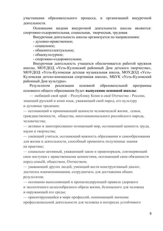 участниками образовательного процесса, и организацией внеурочной
деятельности.
Основными видами внеурочной деятельности школы являются:
спортивно-оздоровительная, социальная, творческая, трудовая.
Внеурочная деятельность школы организуется по направлениям:
- духовно-нравственное;
- социальное;
- общеинтеллектуальное;
- общекультурное;
- спортивно-оздоровительное.
Внеурочная деятельность учащихся обеспечивается работой кружков
школы, МОУДОД «Усть-Куломский районный Дом детского творчества»,
МОУДОД «Усть-Куломская детская музыкальная школа, МОУДОД «Усть-
Куломская детско-юношеская спортивная школа», МБУК «Усть-Куломский
районный Дом культуры».
Результатом реализации основной образовательной программы
основного общего образования будет выпускник основной школы:
— любящий свой край – Республику Коми и своё Отечество - Россию,
знающий русский и коми язык, уважающий свой народ, его культуру
и духовные традиции;
— осознающий и принимающий ценности человеческой жизни, семьи,
гражданственности, общества, многонационального российского народа,
человечества;
— активно и заинтересованно познающий мир, осознающий ценность труда,
науки и творчества;
— умеющий учиться, осознающий важность образования и самообразования
для жизни и деятельности, способный применить полученные знания
на практике;
— социально активный, уважающий закон и правопорядок, соизмеряющий
свои поступки с нравственными ценностями, осознающий свои обязанности
перед семьёй, обществом, Отечеством;
— уважающий других людей, умеющий вести конструктивный диалог,
достигать взаимопонимания, сотрудничать для достижения общих
результатов;
— осознанно выполняющий и пропагандирующий правила здорового
и экологичного целесообразного образа жизни, безопасного для человека
и окружающей его среды;
— ориентирующийся в мире профессий, понимающий значение
профессиональной деятельности для человека в интересах устойчивого
9
 