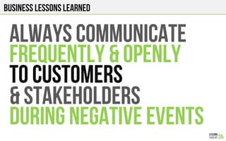 Business lessons Learned
ALWAYS COMMUNICATE
FREQUENTLY & OPENLY
TO CUSTOMERS
& STAKEHOLDERS
DURING NEGATIVE EVENTS
 