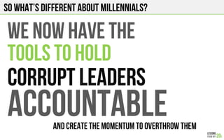 SO what’s different about millennials?
ACCOUNTABLE
CORRUPT LEADERS
WE NOW HAVE THE
TOOLS TO HOLD
AND CREATE THE MOMENTUM TO OVERTHROW THEM
 