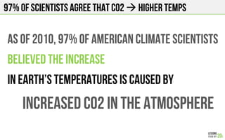 97% of Scientists Agree that co2 ! Higher temps
As of 2010, 97% of American CLIMATE SCIENTISTS
BELIEVEd the INCREASE
In earth’s TEMPERATUREs IS CAUSED BY
INCREASED CO2 in the ATMOSPHERE
 