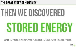 The Great story of humanity
THEN WE DISCOVERED
Stored ENERGY
WATER ! STEAM ! Oil/Gas/Coal ! nuclear ! SOLAR / WIND / BIOFUEL / FUSION
 