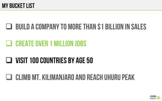 MY BUCKET LIST
#  BUILD A COMPANY TO MORE THAN $1 Billion in SALES
#  CREATE OVER 1 million jobs
#  Visit 100 countries by age 50
#  CLIMB MT. KILIMANJARO AND REACH UHURU PEAK
 