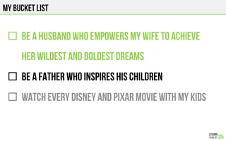 MY BUCKET LIST
"  BE A HUSBAND WHO EMPOWERS MY WIFE TO ACHIEVE
HER WILDEST AND BOLDEST DREAMS
"  BE A FATHER WHO INSPIRES HIS CHILDREN
"  WATCH EVERY DISNEY AND PIXAr MOVIE WITH MY KIDS
 