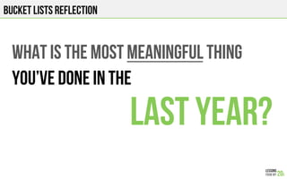 BUCKET LISTS REFLECTION
WHAT IS THE MOST MEANINGFUL THING
You’VE DONE IN THE
LAST YEAR?
 