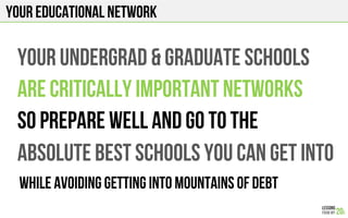 Your EDUCATIONAL NETWORK
YOUR UNDERGRAD & GRADUATE SCHOOLS
ARE CRITICALLY IMPORTANT NETWORKS
SO PREPARE WELL AND GO TO THE
ABSOLUTE BEST SCHOOLS YOU CAN GET INTO
WHILE AVOIDING GETTING INTO MOUNTAINS OF DEBT
 