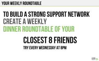 Your weekly roundtable
TO BUILD A STRONG SUPPORT NETWORK
CREATE A WEEKLY
DINNER ROUNDTABLE OF YOUR
CLOSEST 8 FRIENDS
Try EVERY WEDNESDAY AT 8pm
 