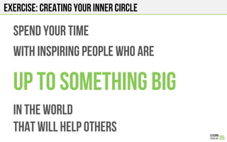 EXERCISE: CREATING YOUR INNER CIRCLE
SPEND YOUR TIME
WITH inspiring PEOPLE WHO ARE
UP TO SOMETHING BIG
IN THE WORLD
that will help others
 