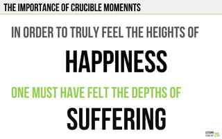 THE IMPORTANCE OF CRUCIBLE MOMENNTS
IN ORDER TO TRULY FEEL THE HEIGHTS OF
ONE MUST HAVE FELT the DEPTHS OF
SUFFERING
HAPPINESS
 