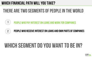 WHICH FINANCIAL PATH WILL YOU TAKE?
THERE ARE TWO SEGMENTS OF PEOPLE IN THE WORLD
WHICH SEGMENT DO YOU WANT TO BE IN?
PEOPLE WHO PAY INTEREST ON LOANS AND WORK FOR COMPANIES
PEOPLE WHO RECEIVE INTEREST ON LOANS and own PARTS Of companies
1
2
 