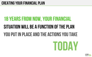 Creating your financial plan
18 years from now, your financial
Situation will be a function of the plan
you put in place And the actions you take
today
 
