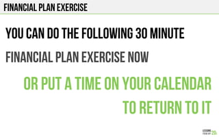 Financial plan exercise
You can do the following 30 minute
Financial plan exercise now
Or put a time on your calendar
To return to it
 