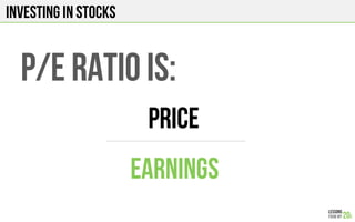 INVESTING IN STOCKS
P/E RATIO is:
PRICE
EARNINGS
 