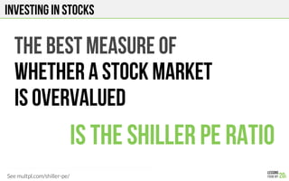 INVESTING IN STOCKS
THE BEST MEASURE OF
WHETHER A STOCK MARKET
IS OVERVALUED
Is the SHILLER PE RATIO
See multpl.com/shiller-pe/

 