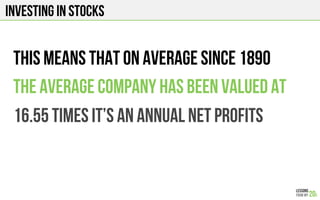 INVESTING IN STOCKS
This means that on average since 1890
The average company has been valued at
16.55 times it’s an annual net profits
 