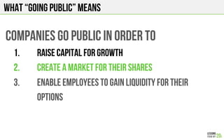 What “going public” means
Companies go public in order to
1.  Raise capital for growth
2.  Create a market for their shares
3.  Enable employees to gain liquidity for their
options
 