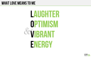 WHAT LOVE MEANS TO ME
Laughter
Optimism
Vibrant
Energy
&	

 