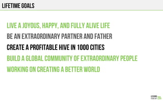 LIFETIME GOALS
Live a joyous, happy, and fully alive life
Be an extraordinary partner and father
Create a profitable hive in 1000 cities
BUILD a global community of extraordinary people
working on creating a better world
 