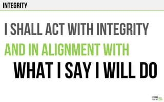 INTEGRITY
I SHALL ACT WITH INTEGRITY
AND IN ALIGNMENT WITH
WHAT I SAY I WILL DO
 