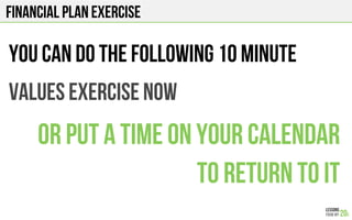 Financial plan exercise
You can do the following 10 minute
Values exercise now
Or put a time on your calendar
To return to it
 